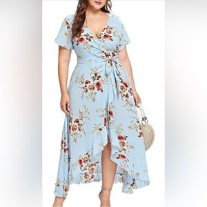 Light Blue Floral Print Maxi Wrap Tie High- Low Dress